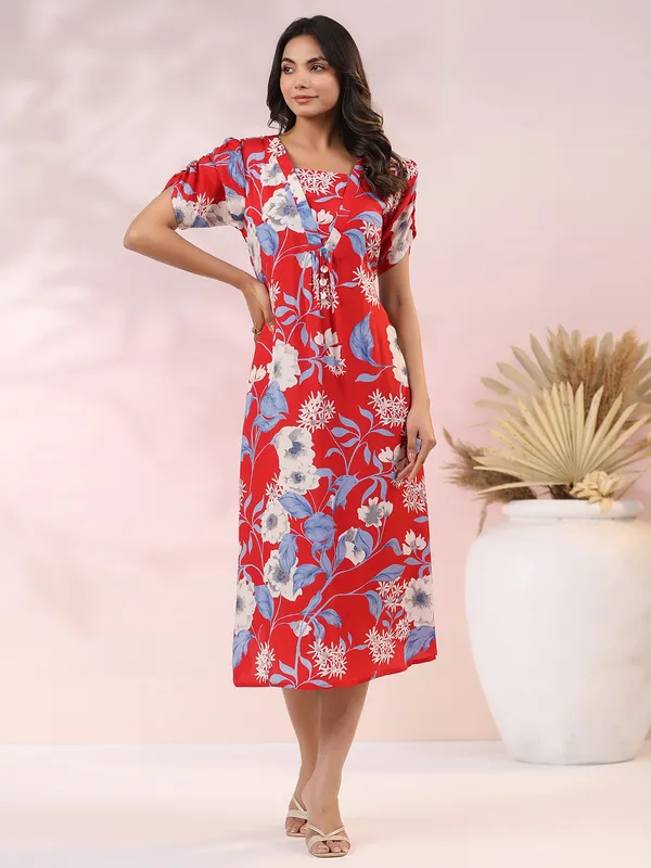 Red floral printed cotton kurti