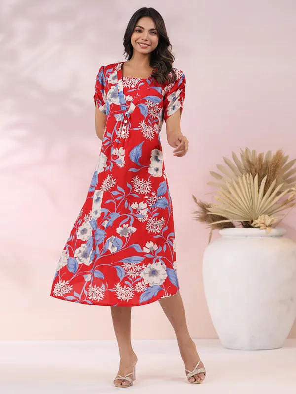 Red floral printed cotton kurti