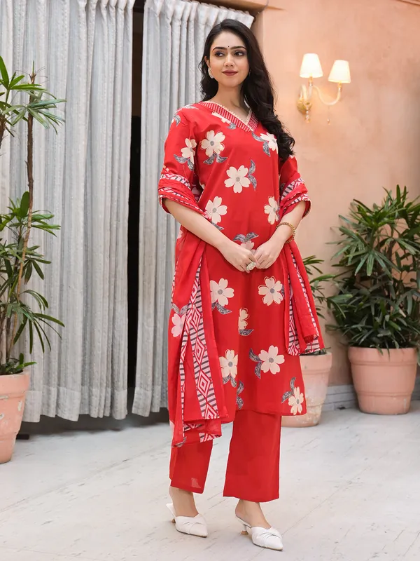 Red floral printed silk kurti set for festive