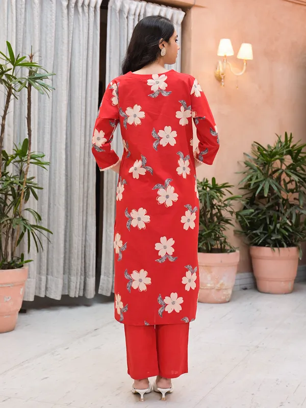 Red floral printed silk kurti set for festive
