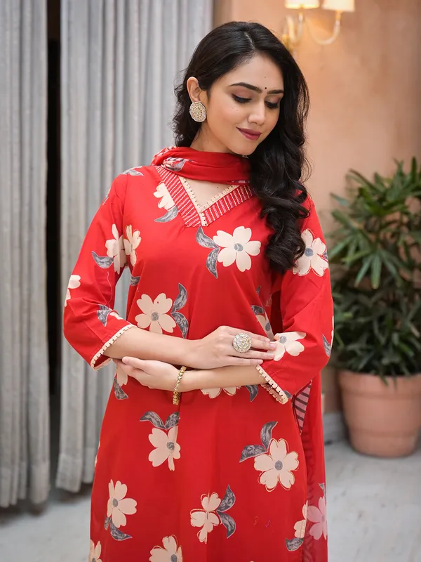 Red floral printed silk kurti set for festive