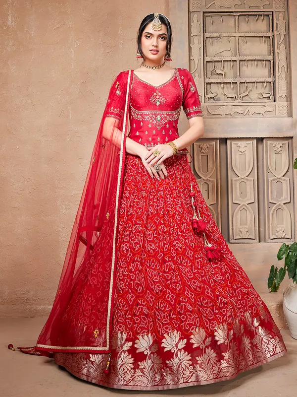 Red georgette bandhej printed lehenga choli