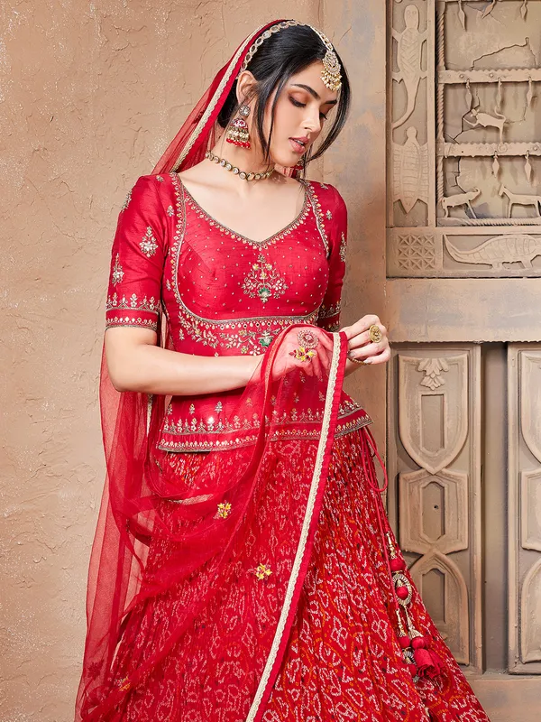 Red georgette bandhej printed lehenga choli