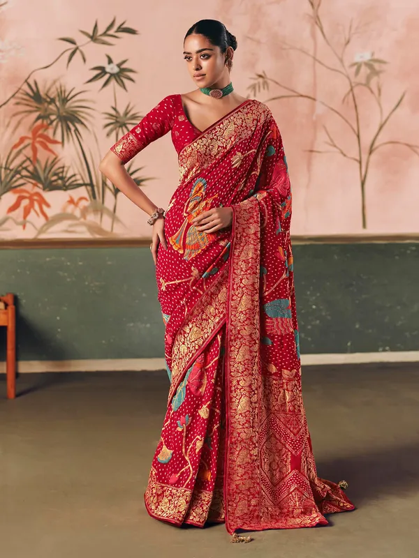 Red georgette bandhej zari woven festive saree
