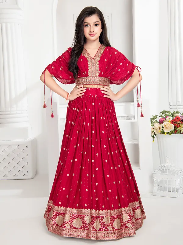 Red georgette crop top with lehenga