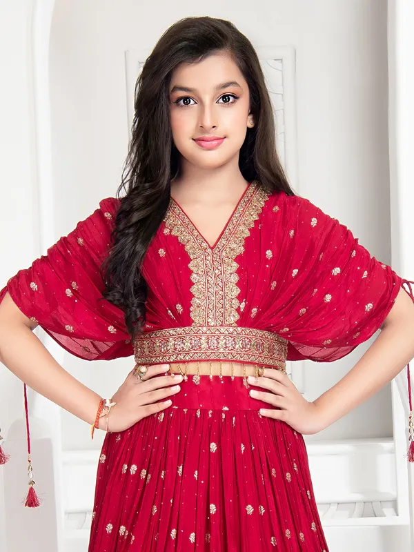Red georgette crop top with lehenga