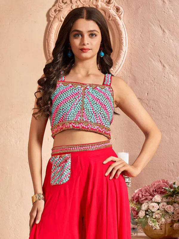 Red georgette crop top with palazzo