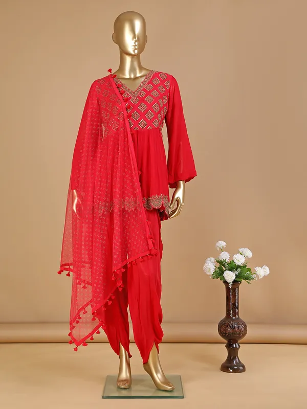 Red georgette dhoti suit for wedding and festive
