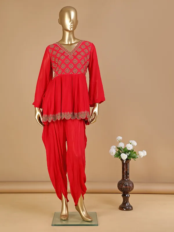 Red georgette dhoti suit for wedding and festive