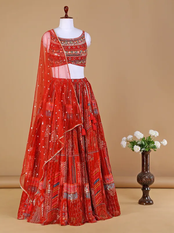 Red georgette lehenga choli in printed