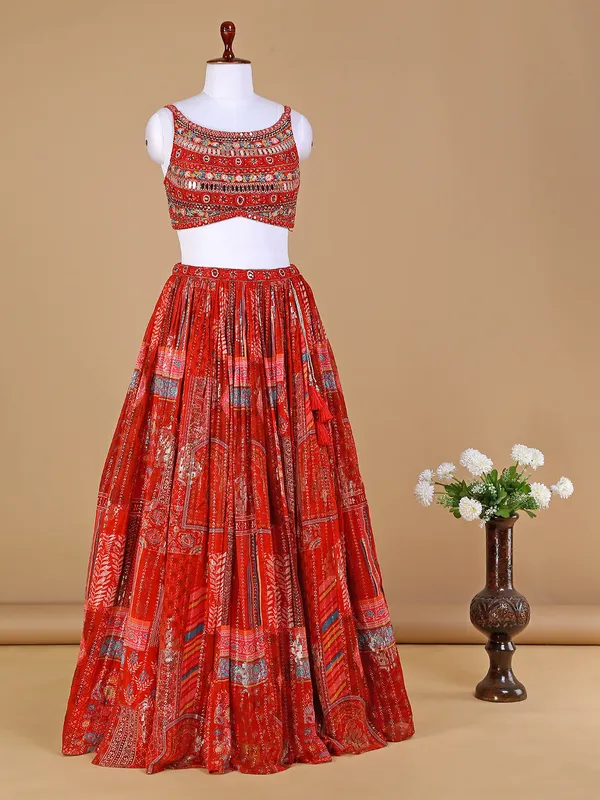 Red georgette lehenga choli in printed