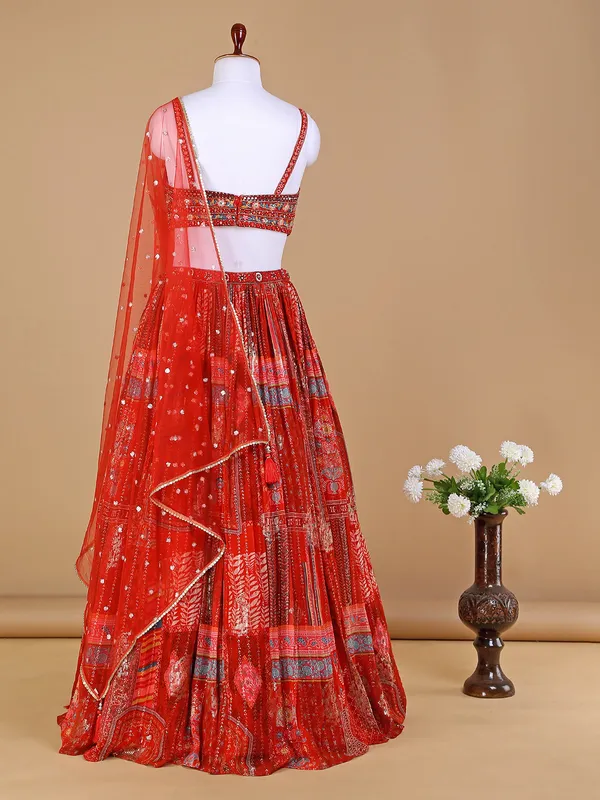 Red georgette lehenga choli in printed