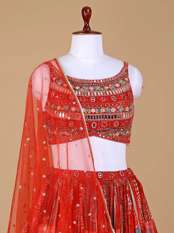 Red georgette lehenga choli in printed