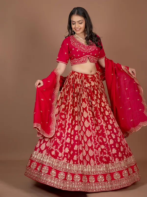 Red georgette lehenga choli with zardosi details