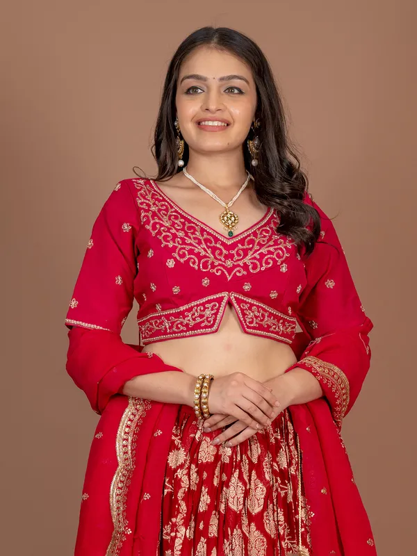 Red georgette lehenga choli with zardosi details