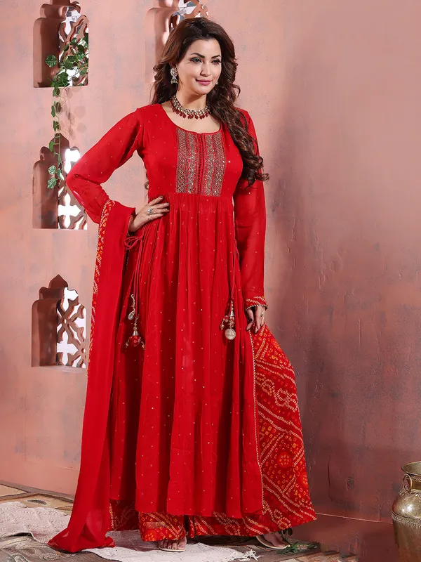 Red georgette nyra cut palazzo suit