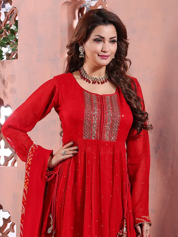 Red georgette nyra cut palazzo suit