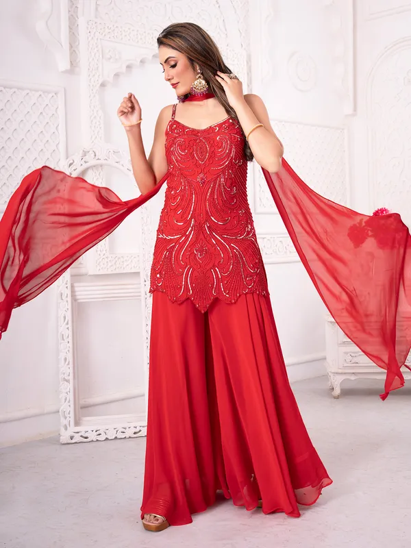 Red georgette palazzo suit with bead and sequin accents