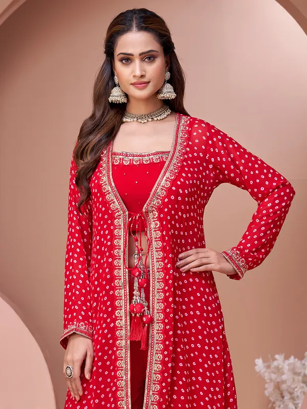 Red georgette palazzo suit with shrug for women