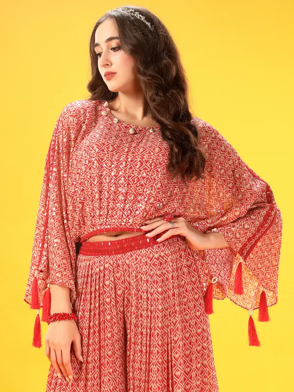 Red georgette printed palazzo suit with print