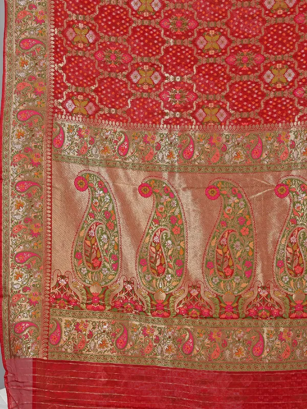 Red georgette saree with colorfull motifs and print