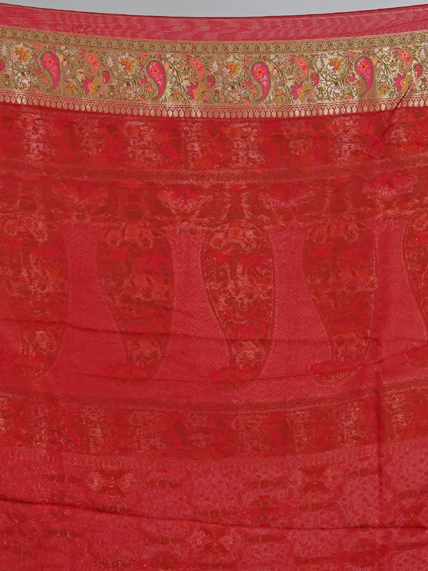 Red georgette saree with colorfull motifs and print