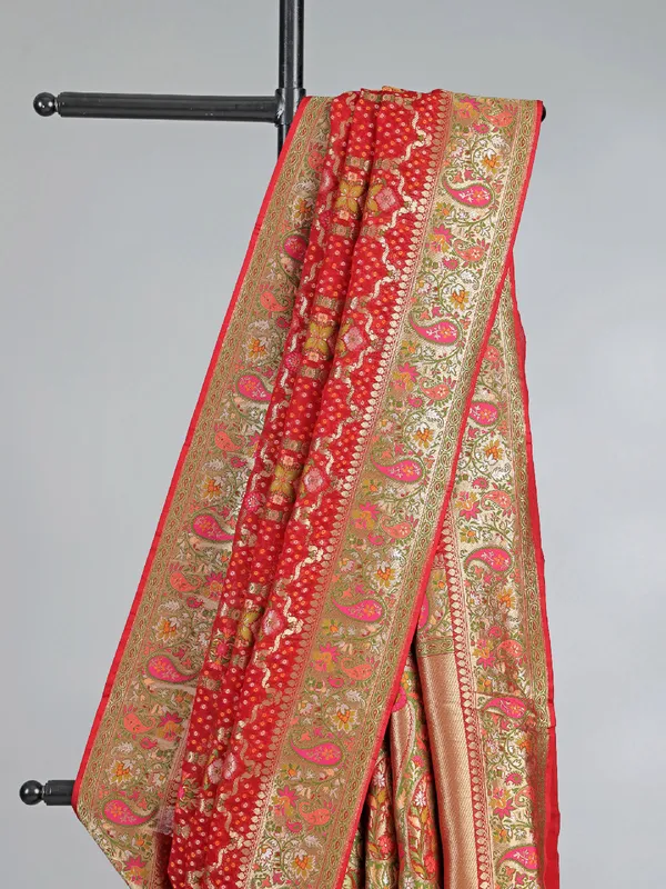 Red georgette saree with colorfull motifs and print