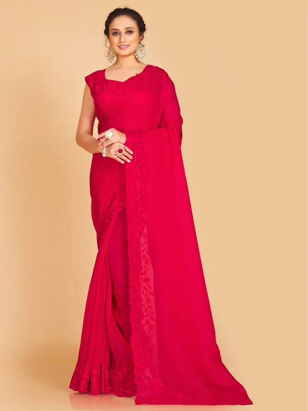 Lavis red georgette plain saree