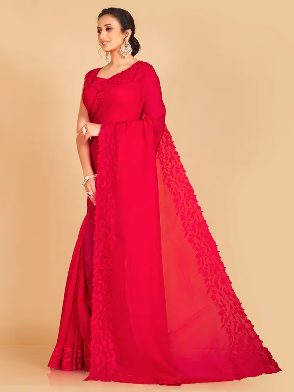 Lavis red georgette plain saree