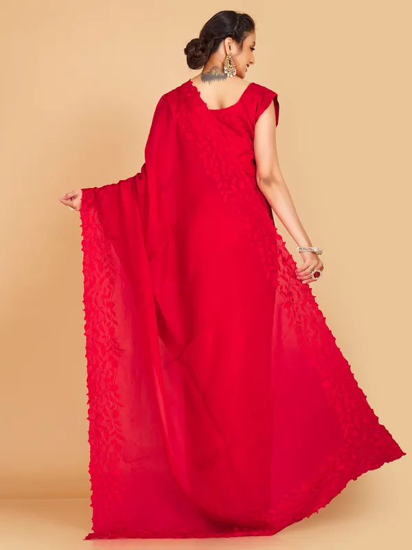 Lavis red georgette plain saree