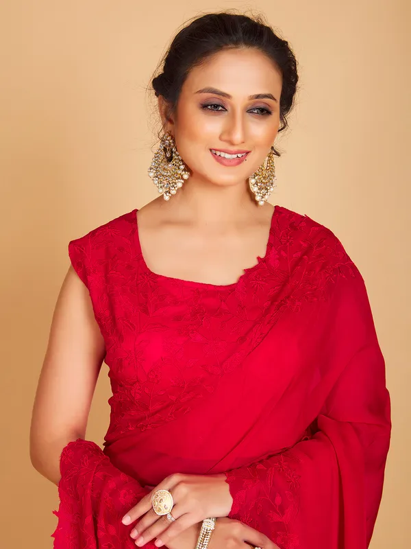 Lavis red georgette plain saree
