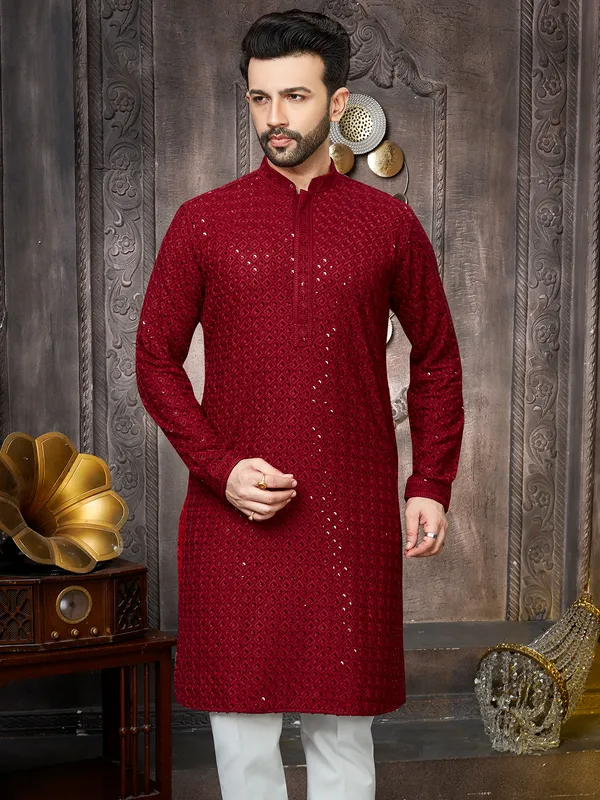 Red georgette sequins kurta suit for men
