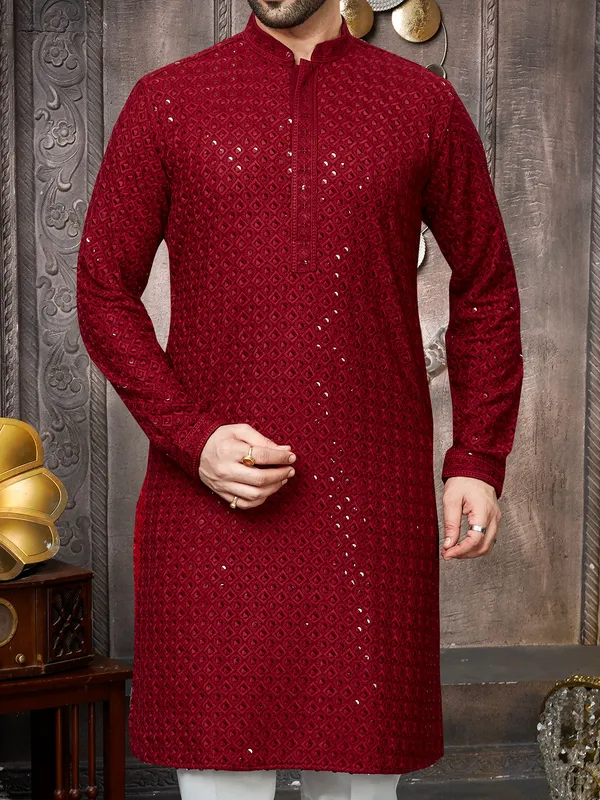 Red georgette sequins kurta suit for men