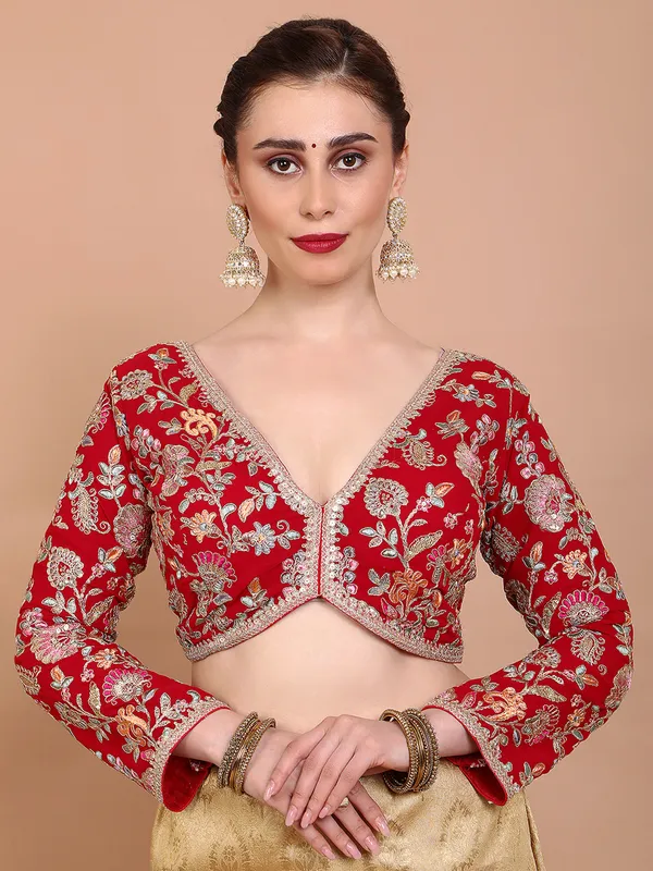Red georgette V neck embroidered ready made blouse