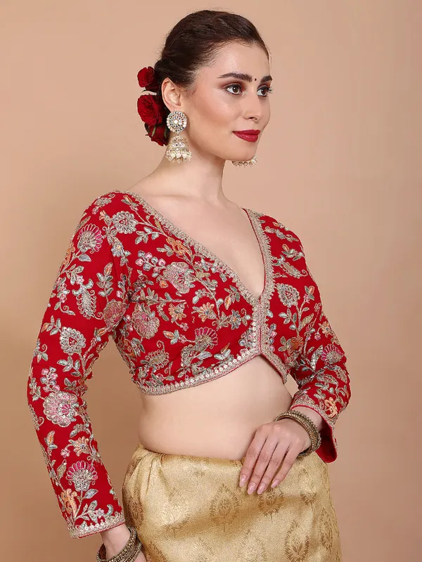 Red georgette V neck embroidered ready made blouse