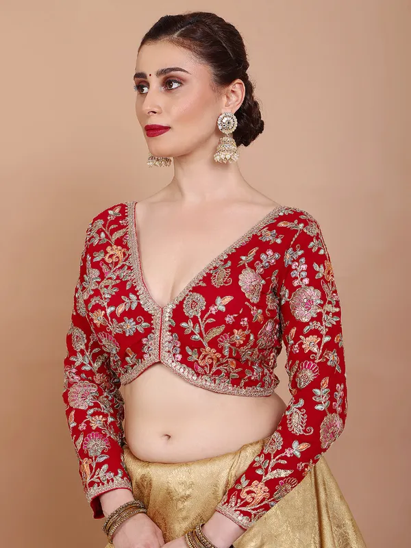 Red georgette V neck embroidered ready made blouse