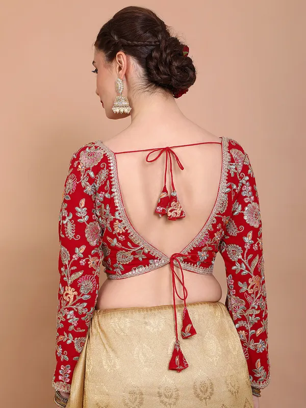 Red georgette V neck embroidered ready made blouse