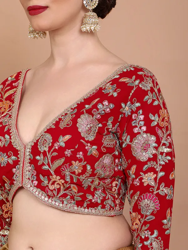 Red georgette V neck embroidered ready made blouse