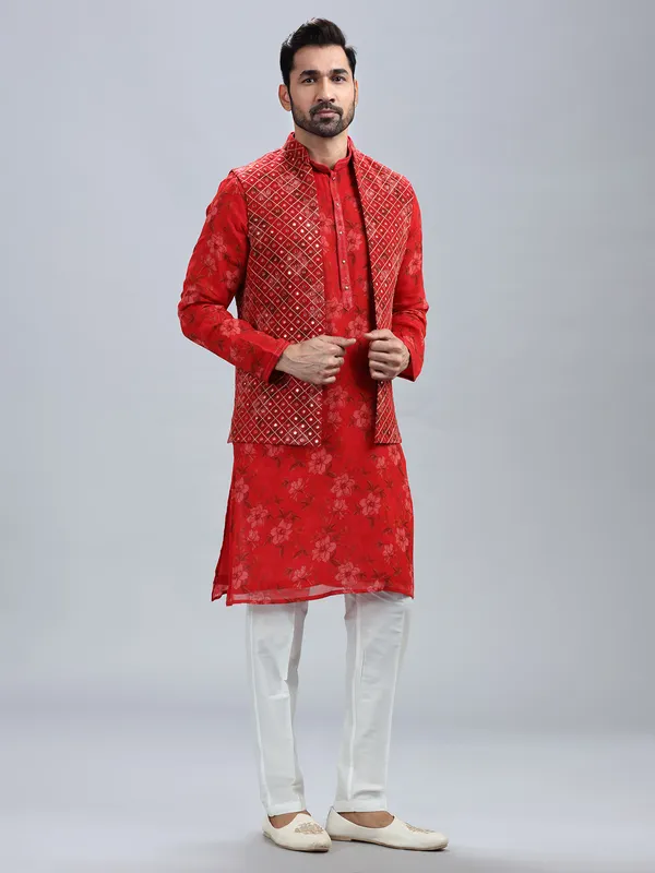 Red georgette waistcoat set for men