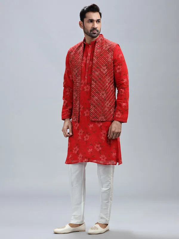 Red georgette waistcoat set for men