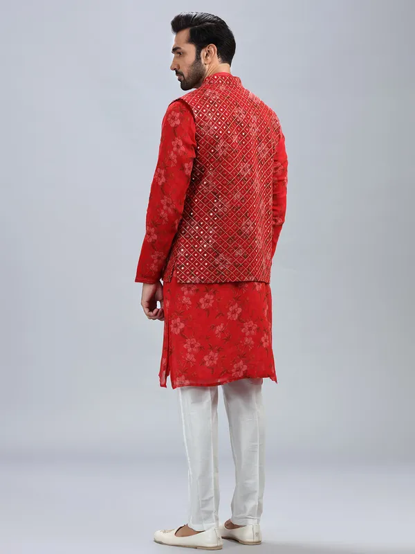 Red georgette waistcoat set for men