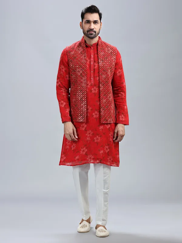 Red georgette waistcoat set for men