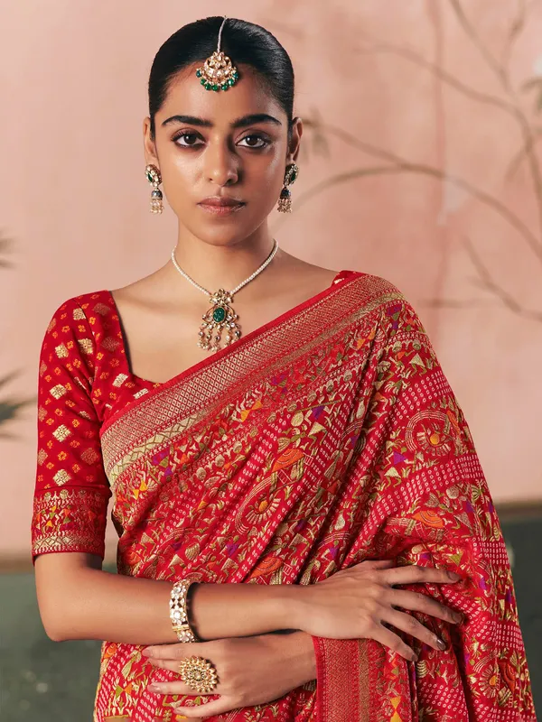 Red georgette zari woven bandhej festive saree