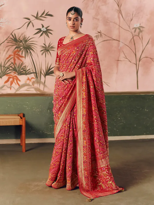 Red georgette zari woven bandhej festive saree