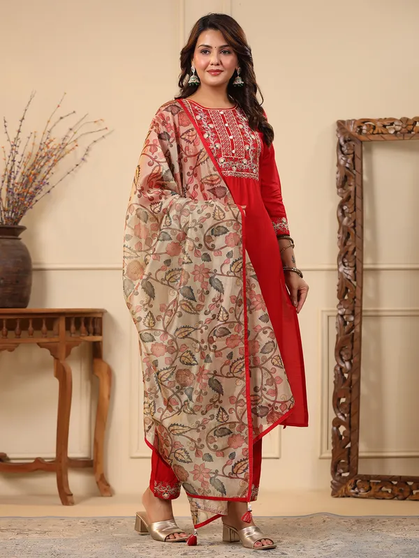 Red kurti set with printed dupatta