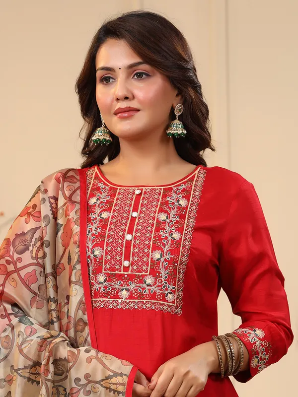 Red kurti set with printed dupatta