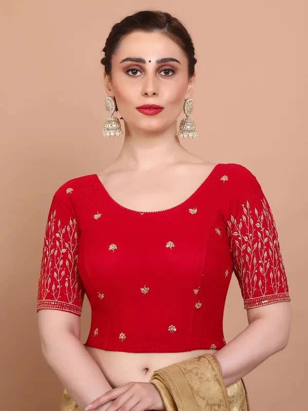 Red lycra strechable ready made blouse with embroidered