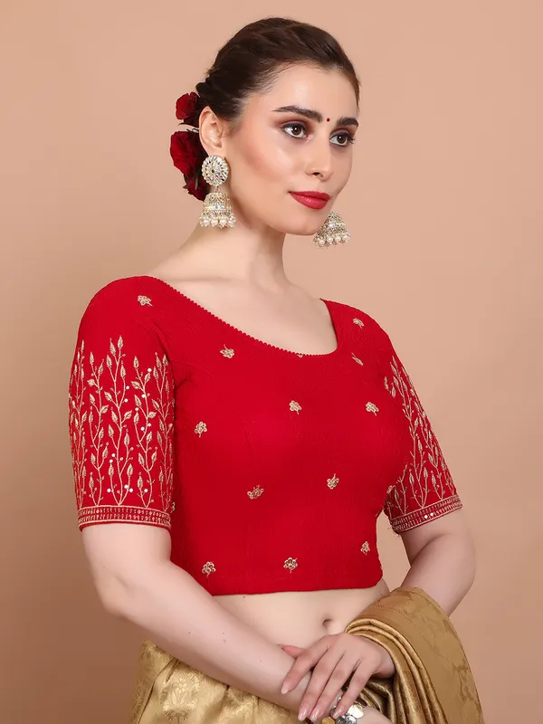 Red lycra strechable ready made blouse with embroidered