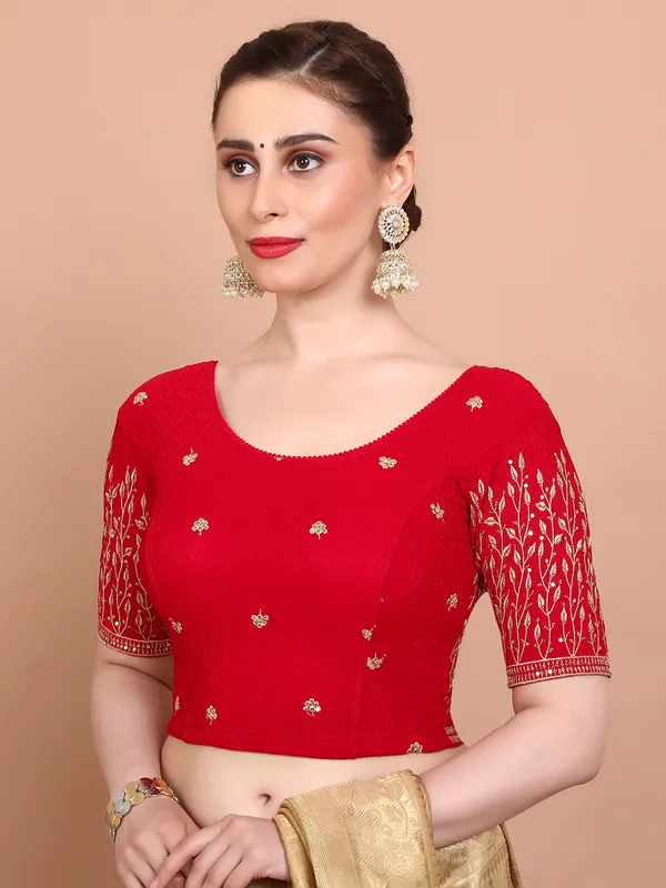 Red lycra strechable ready made blouse with embroidered