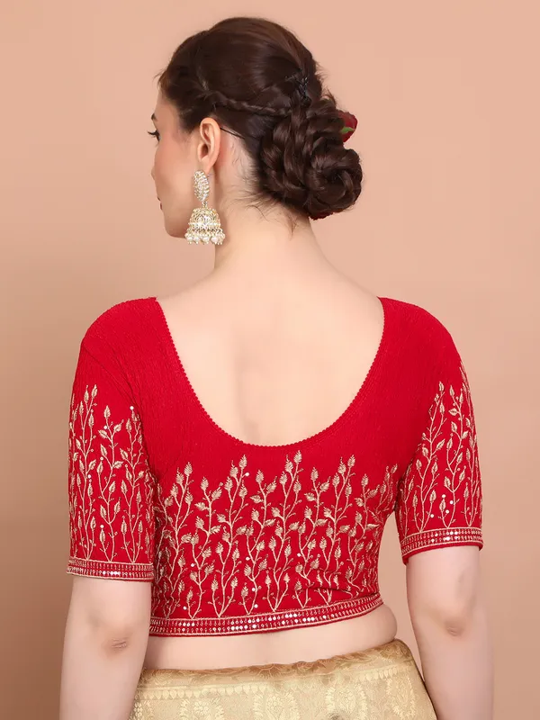 Red lycra strechable ready made blouse with embroidered